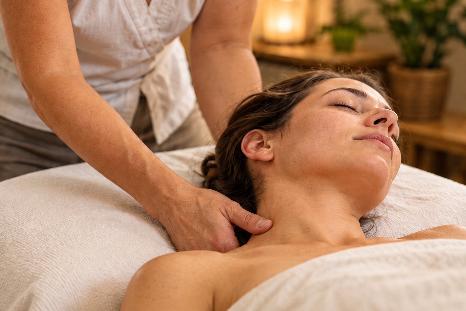 Illustration of hands-on massage around a client’s neck and shoulders