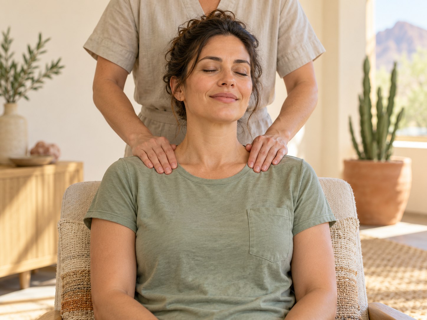 Illustrative scene of a fully clothed client receiving focused shoulder massage